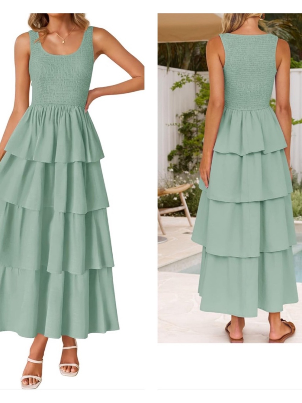 Smocked Tiered Midi Dress in Sage Green